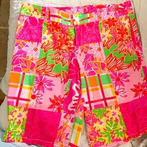 Lilly Pulitzer Patchwork Print Bermuda Shorts size 10 EUC hot pink tropical